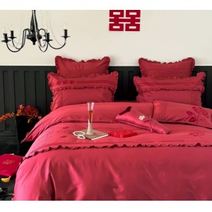 100支纯棉工艺刺绣款四件套全棉长绒棉中式高端大红色婚庆结婚套